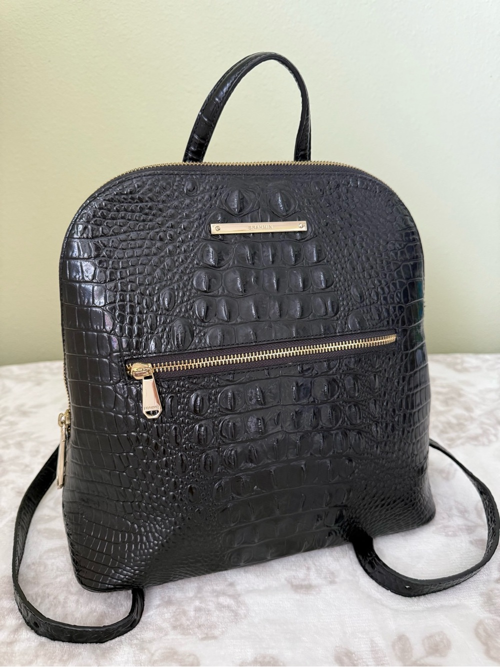 Brahmin Black Croc-Embossed Leather Backpack